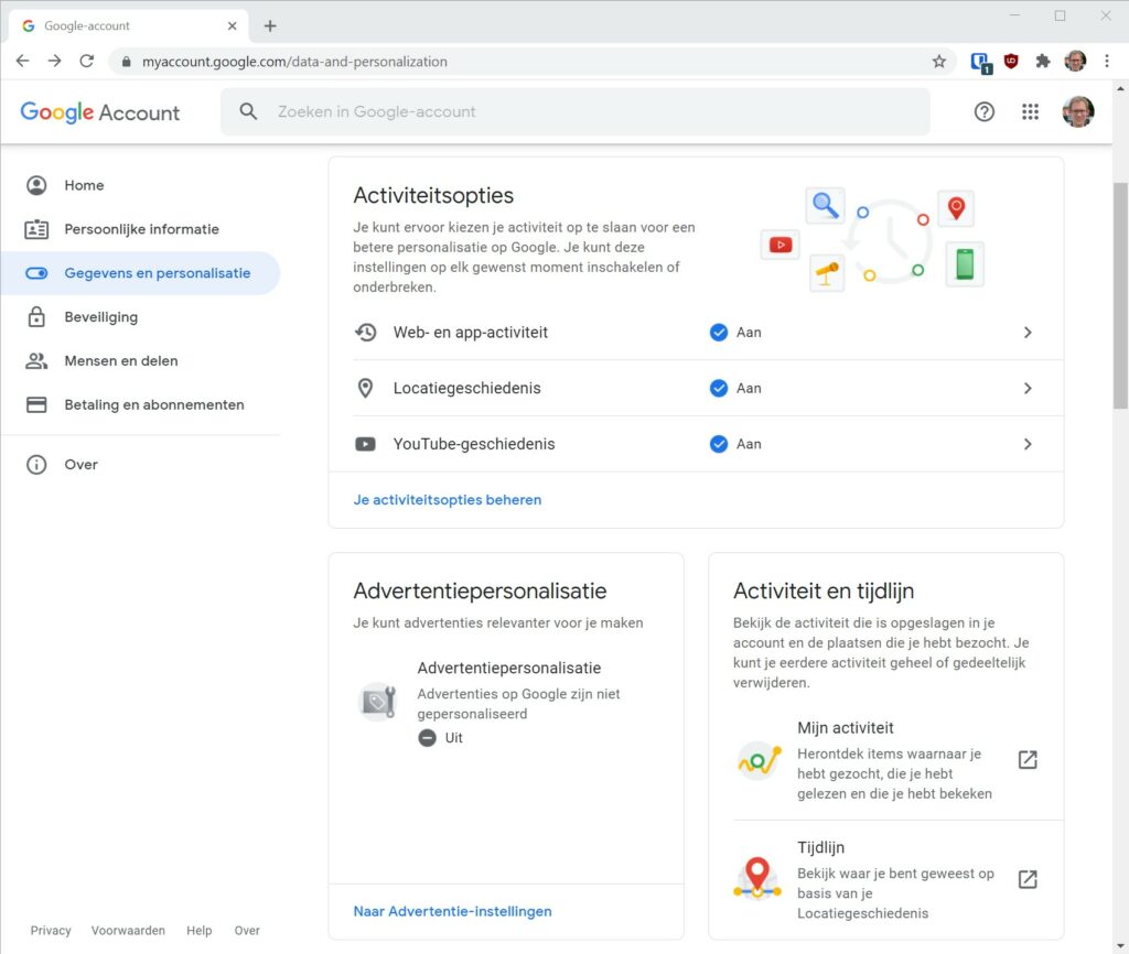 Gegevens en personalisatie-scherm Google-account