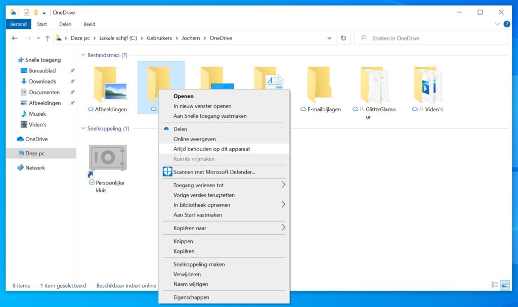 Screenshot Windows Verkenner contextmenu bestand altijd offline opslaan