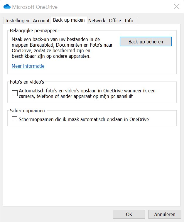 Screenshot OneDrive-instellingen tabblad Back-up