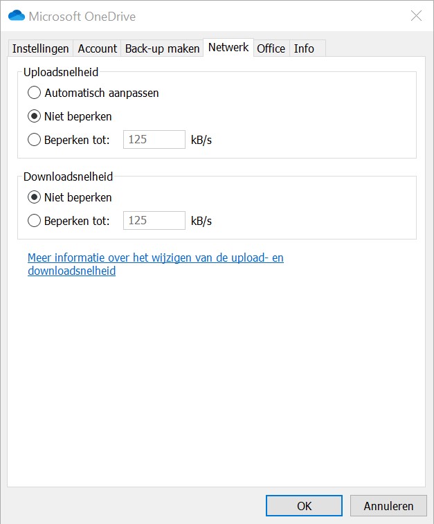 Screenshot instellingen OneDrive: netwerktabblad