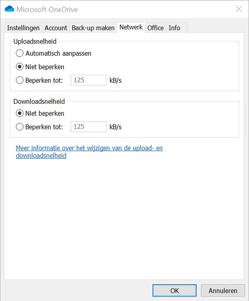 Screenshot instellingen OneDrive: netwerktabblad