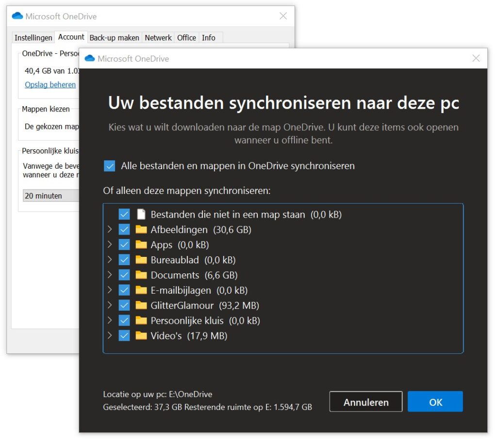 Screenshot selectief synchroniseren OneDrive