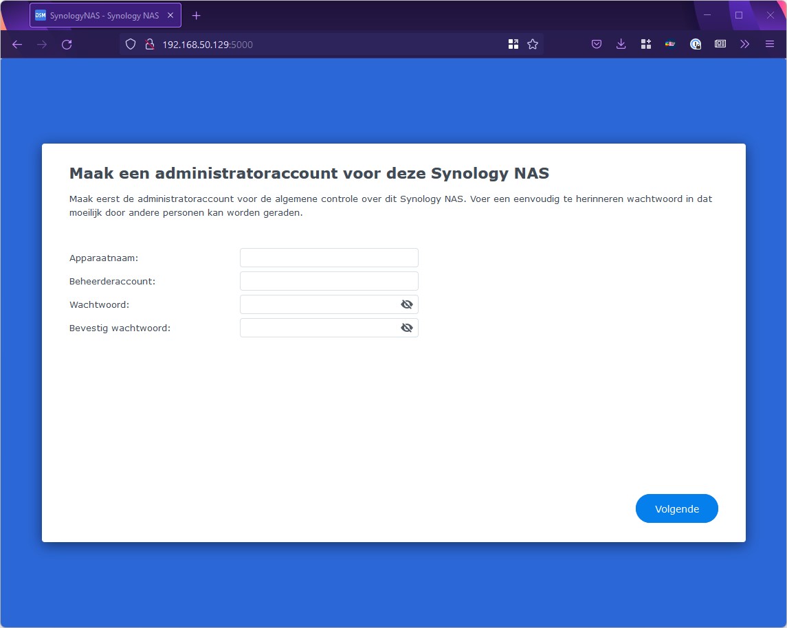 Screenshot admin-account aanmaken bij Synology-nas.