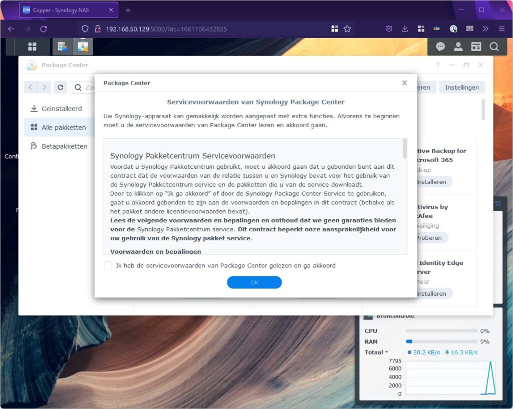 Screenshot eerste keer Package Center openen.