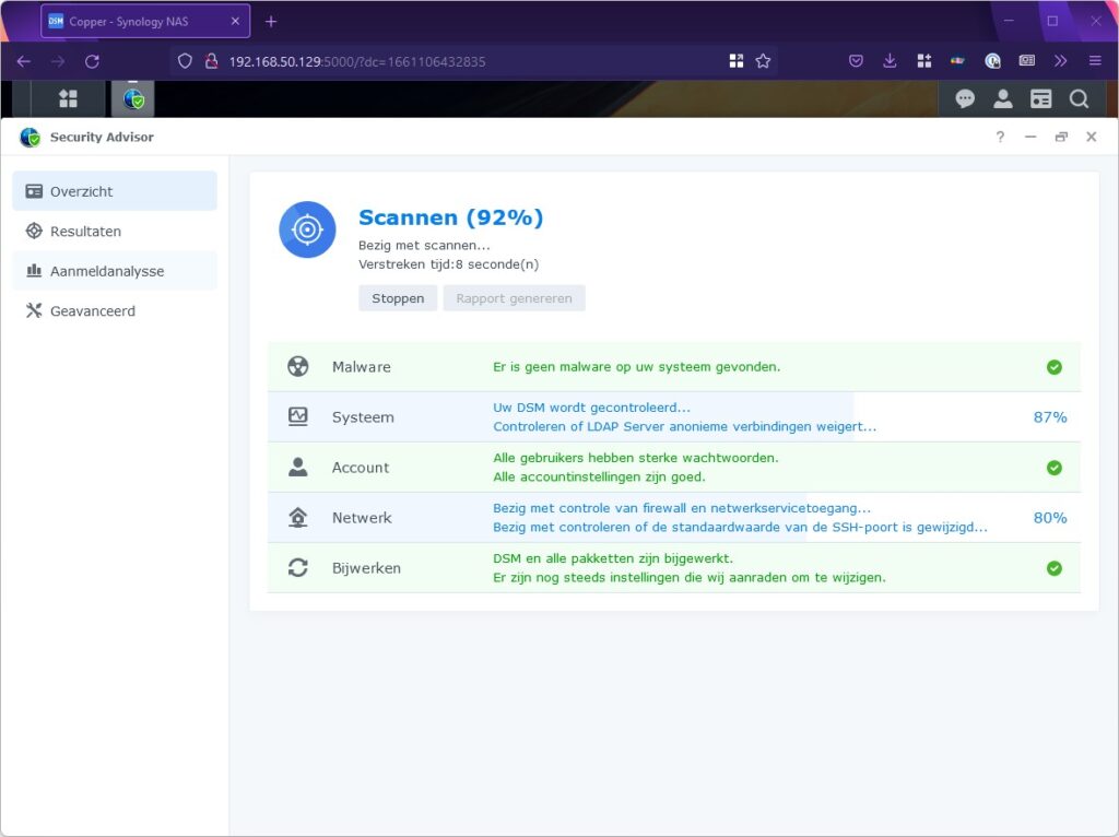 Screenshot scan van Security Advisor bijna klaar.