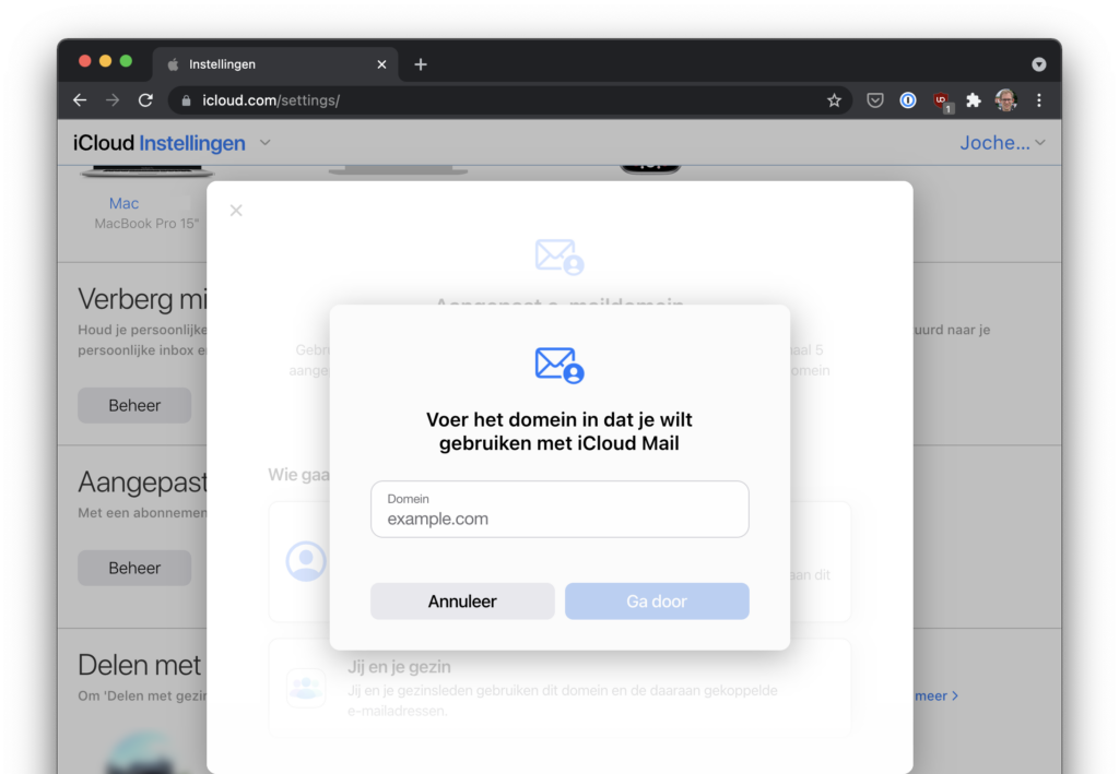 Screenshot domeinnaam invoeren in iCloud+