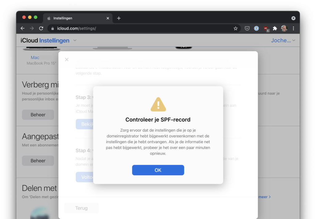 Screenshot foutmelding van DNS-records iCloud+
