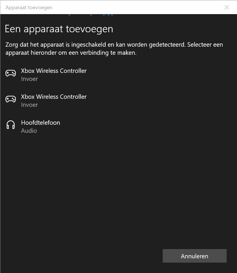 Screenshot nieuw apparaat verbinden: lijst met gevonden bluetooth-apparaten