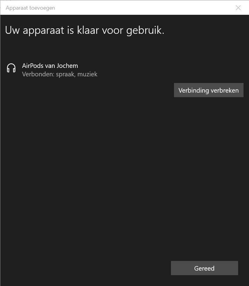 Screenshot nieuw apparaat verbinden: AirPods zijn nu verbonden