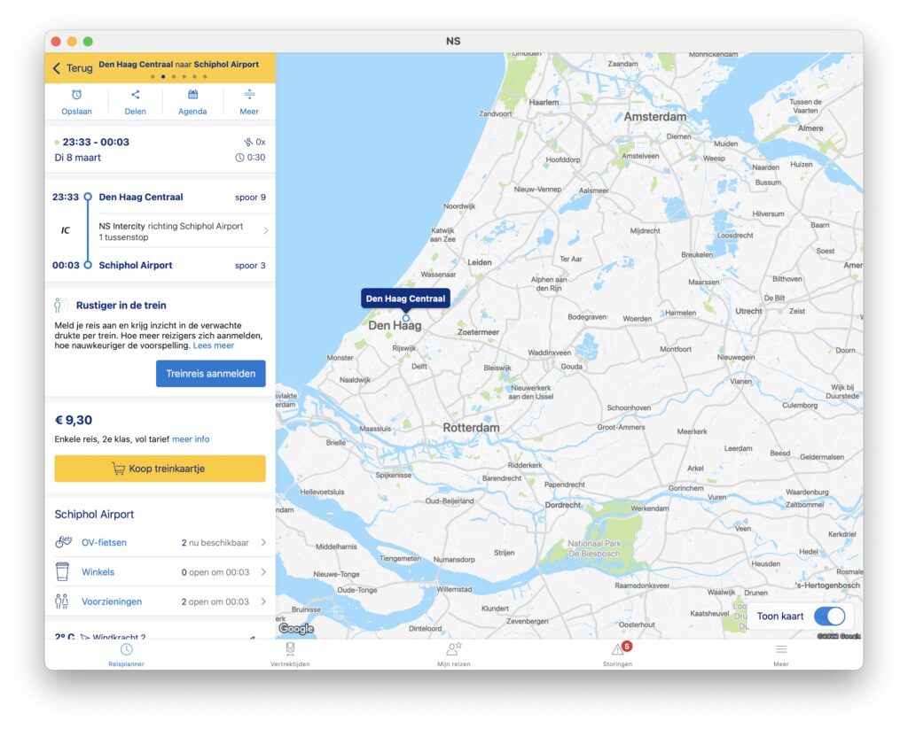 Screenshot van NS-app op Mac