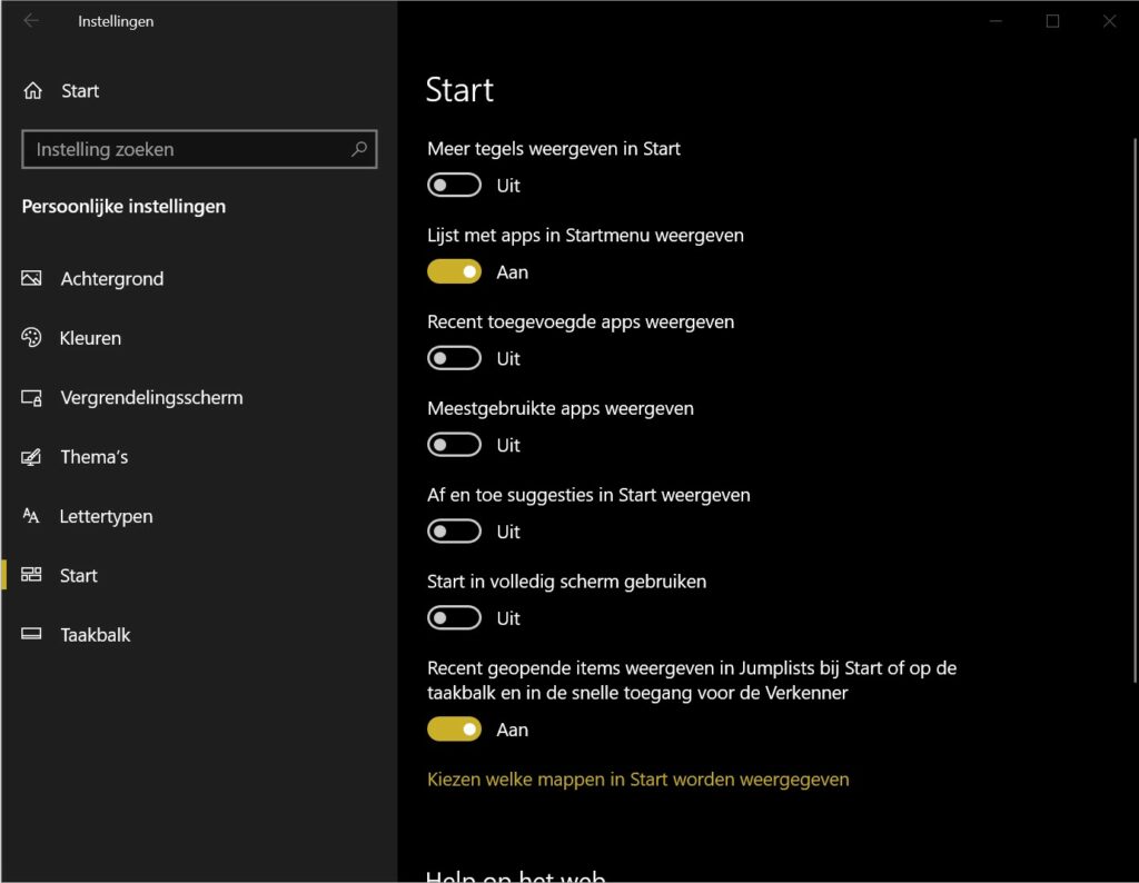 Screenshot instellingen Start Windows 10