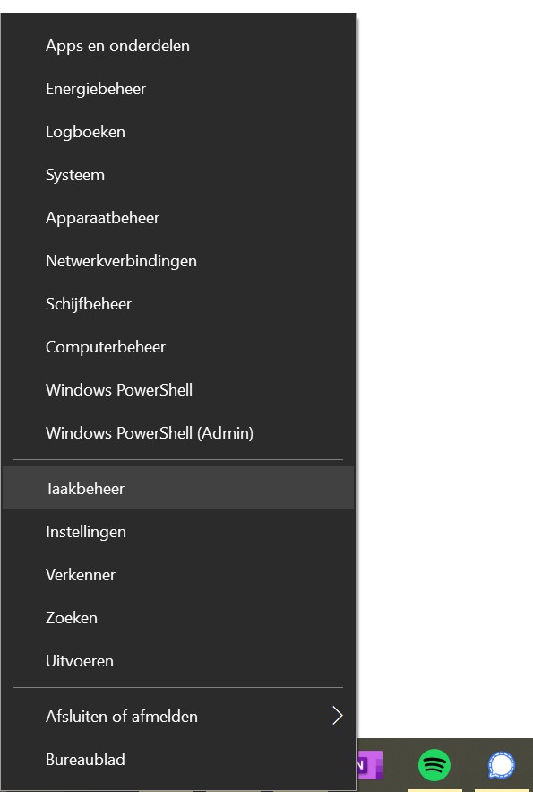 Screenshot menu van Startknop als je er met de rechtermuisknop op klikt.