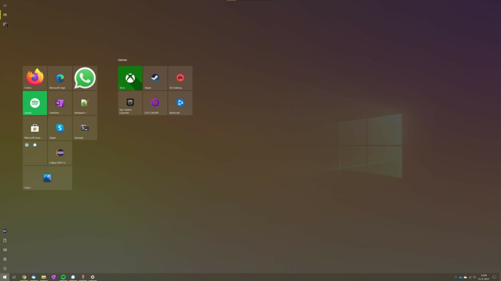 Screenshot met Startmenu op volledig scherm