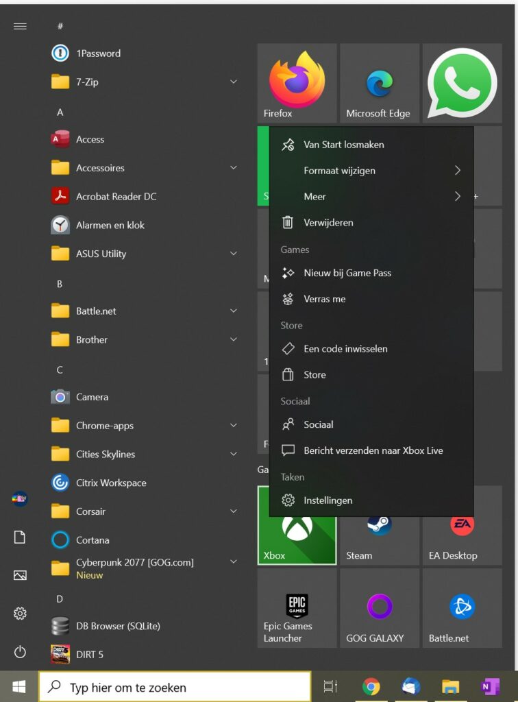 Screenshot hoe je een tegel kunt wijzigen in Startmenu Windows 10