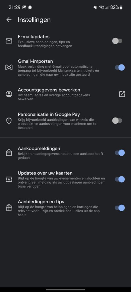 Instellingen Google Pay