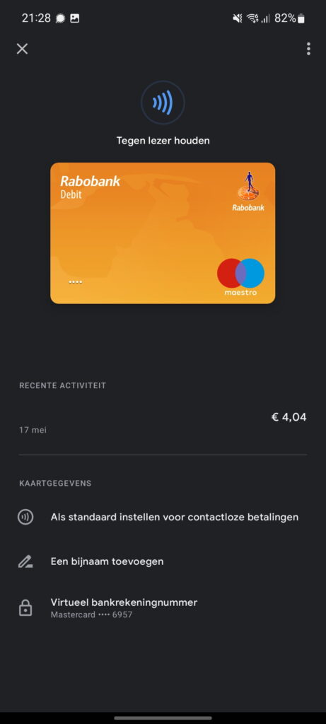 Opties van betaalpas in Google Pay.