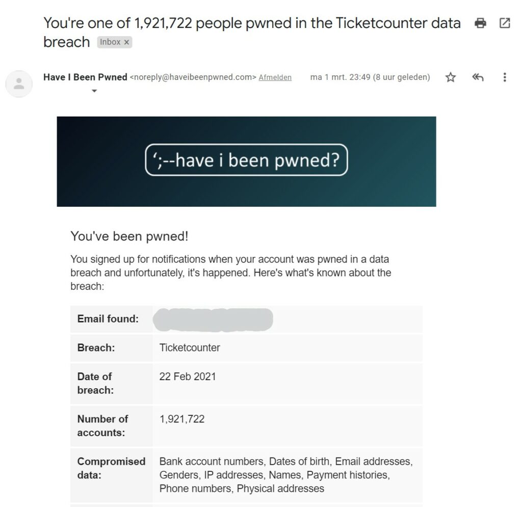 haveibeenpwned notificatie
