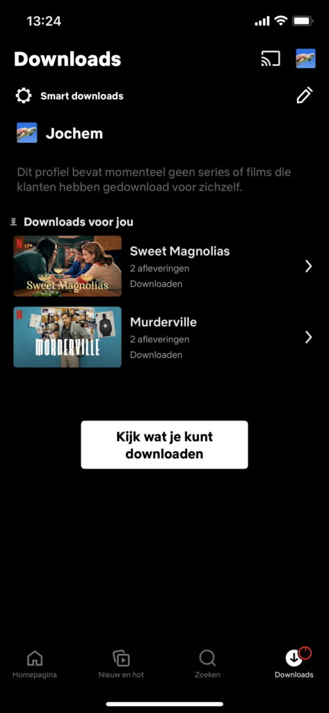 Screenshot downloadpagina van Netflix met twee series