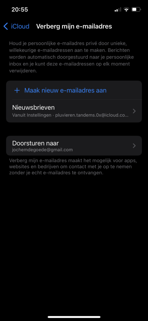 Screenshot pagina Verberg mijn emailadres in iOS 15