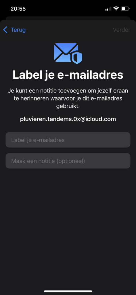 Screenshot label toevoegen aan nieuwe e-mailadres