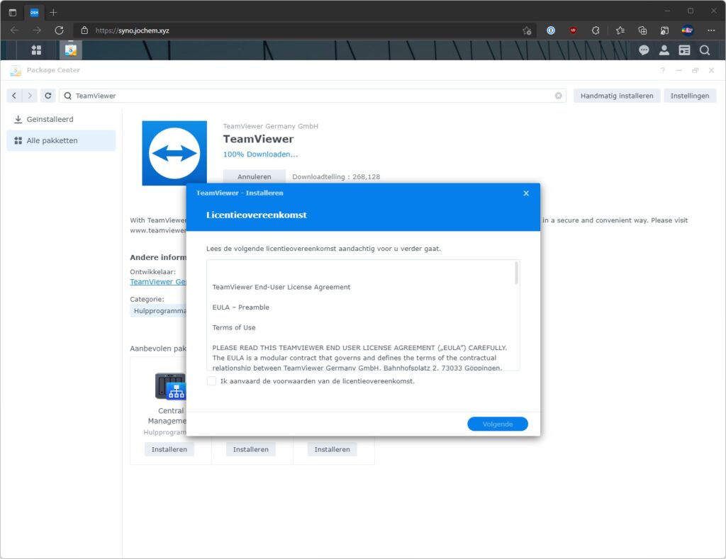 Screenshot TeamViewer licentie-overeenkomst accepteren in DSM-installatie