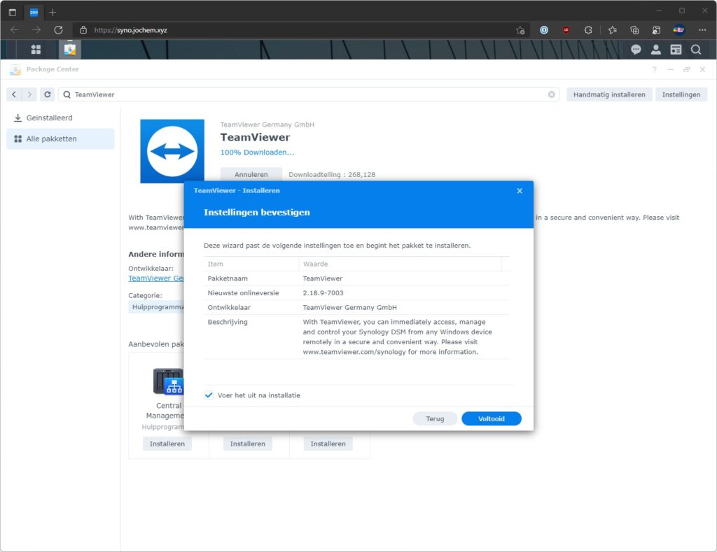 Screenshot TeamViewer-installatie DSM laatste stap