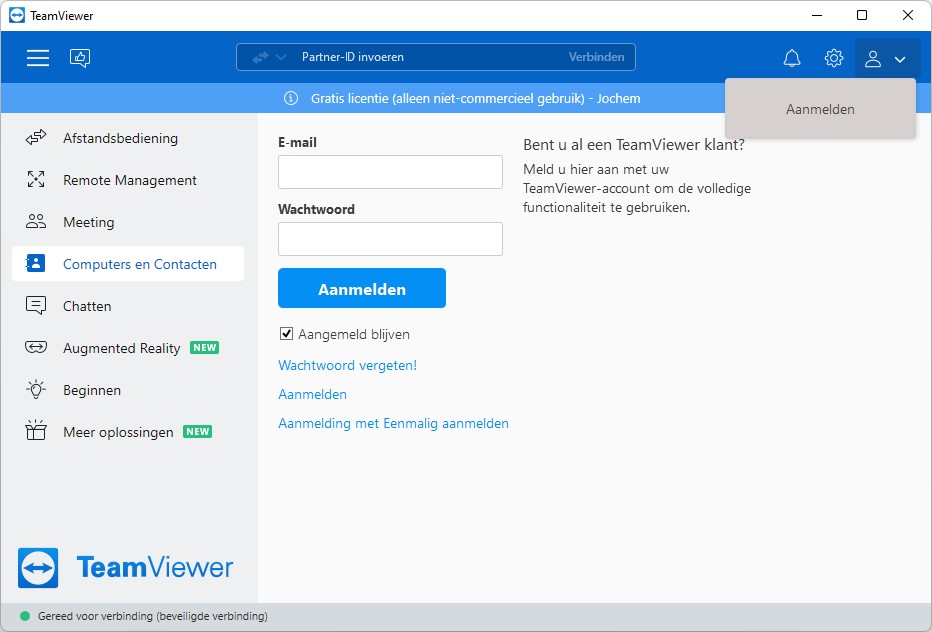 Screenshot TeamViewer-app op Windows: inloggen