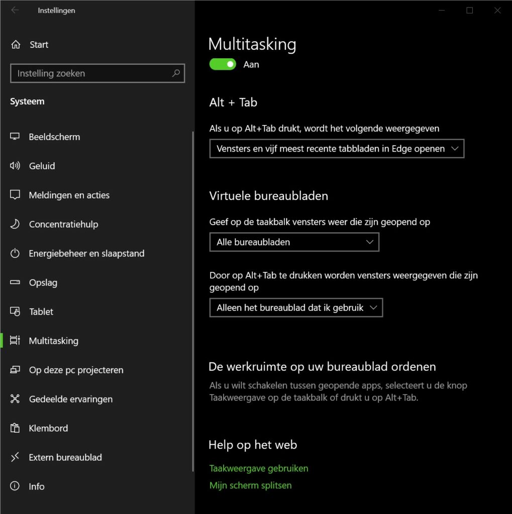 Schermafdruk Multitasking-instellingen Windows 10