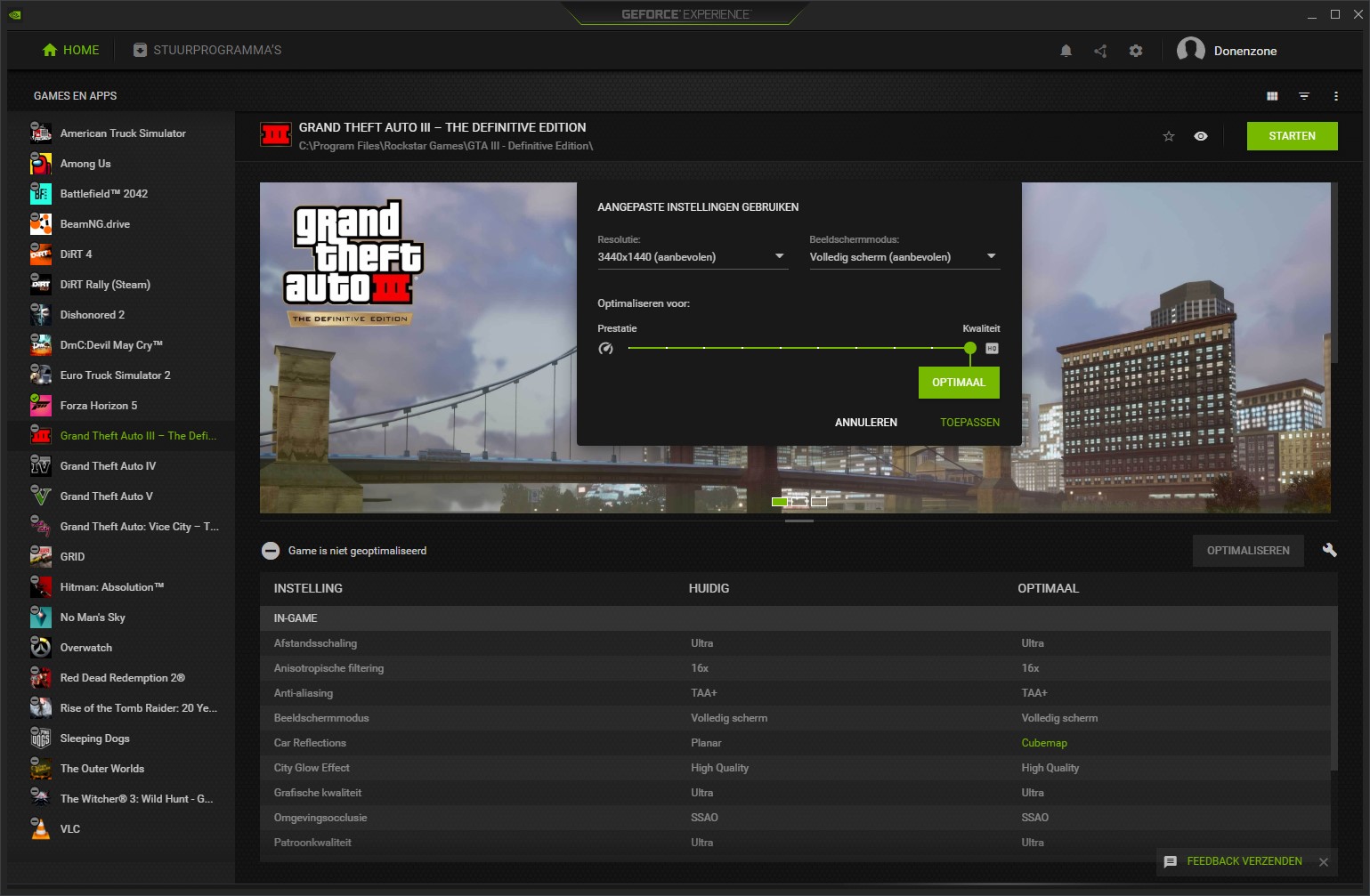 Screenshot van GeForce Experience: voorbeeld van optimaliseren game-instellingen