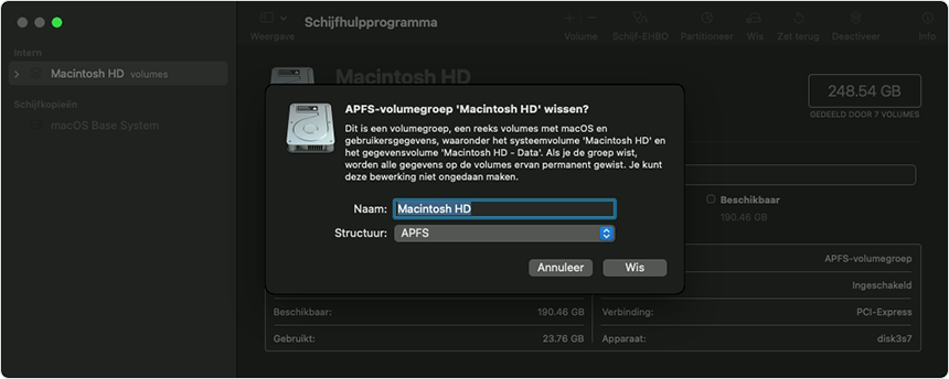 Screenshot Schijf legen in macOS Recovery