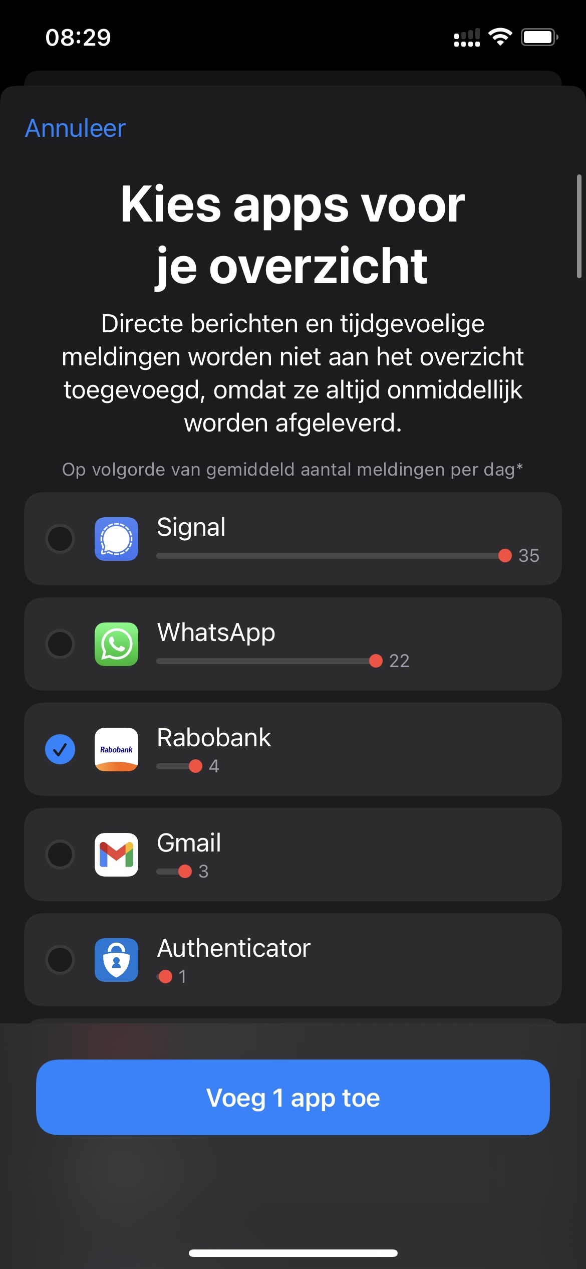 Screenshot een app aangevinkt voor het overzicht