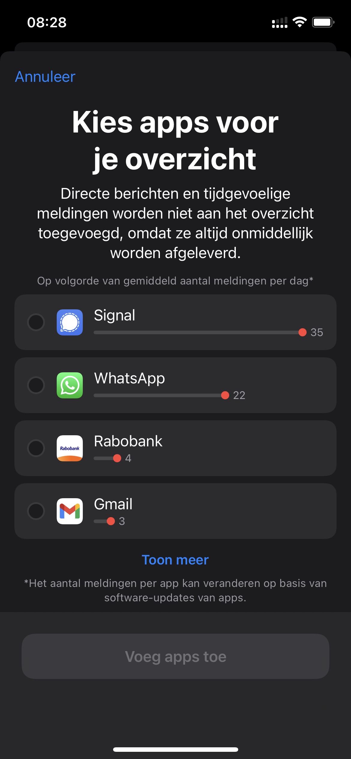 Screenshots apps kiezen voor Gepland overzicht