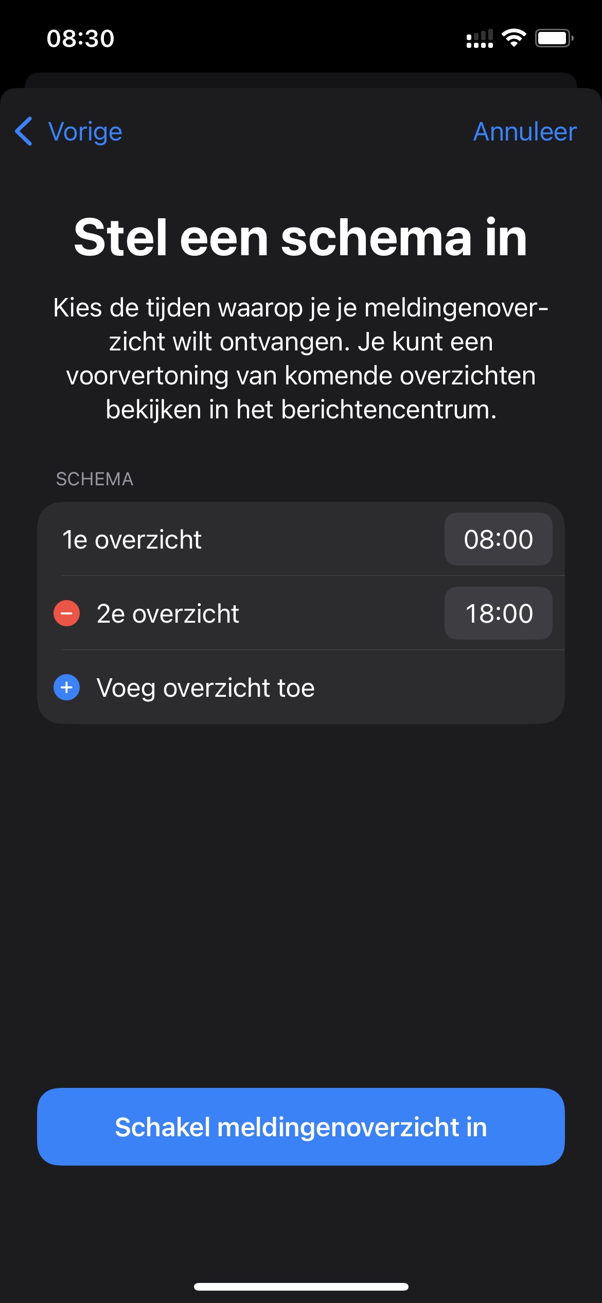 Screenshot kies de tijdstippen waarop het overzicht wordt afgeleverd