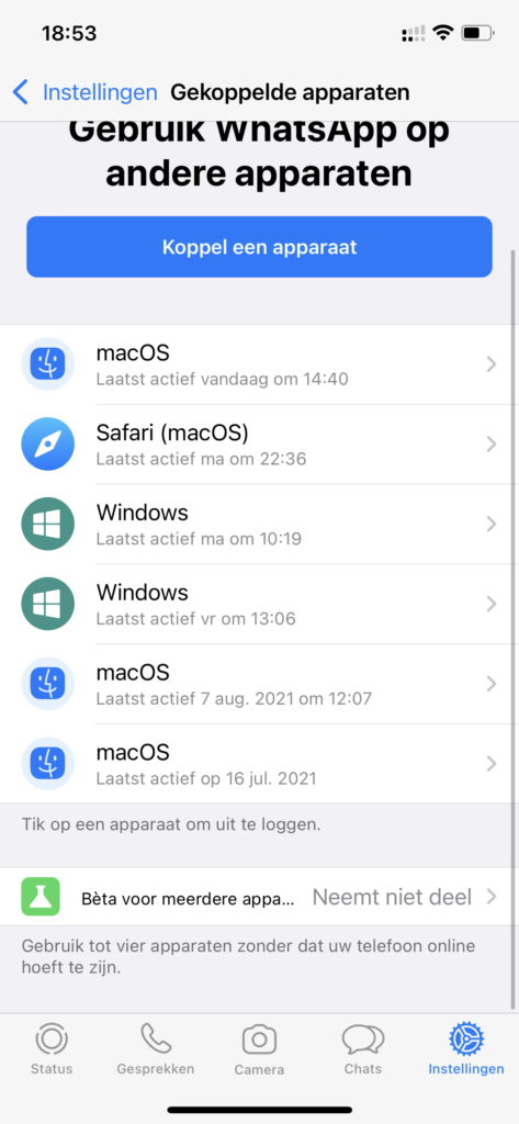 Screenshot WhatsApp gekoppelde apparaten