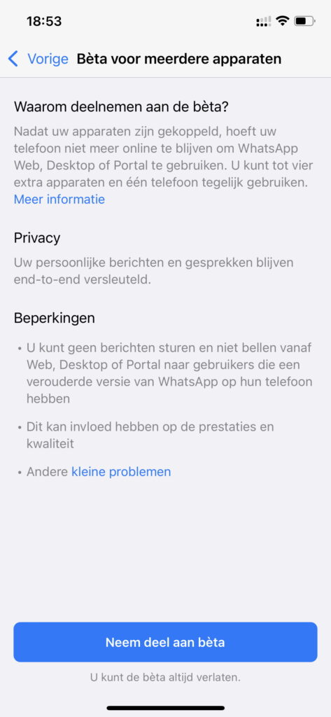 Screenshot deelnemen aan multi-device beta WhatsApp