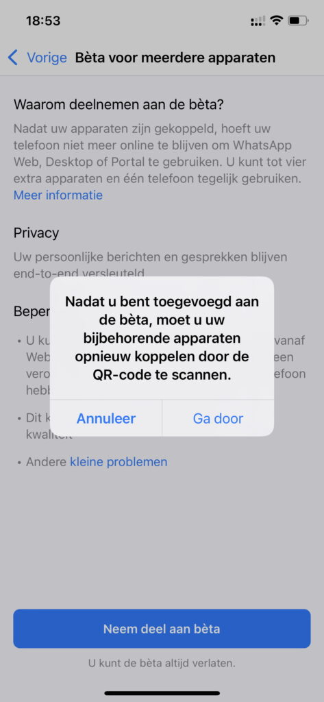 Screenshot deelnemen WhatsApp Multi-Device Beta melding