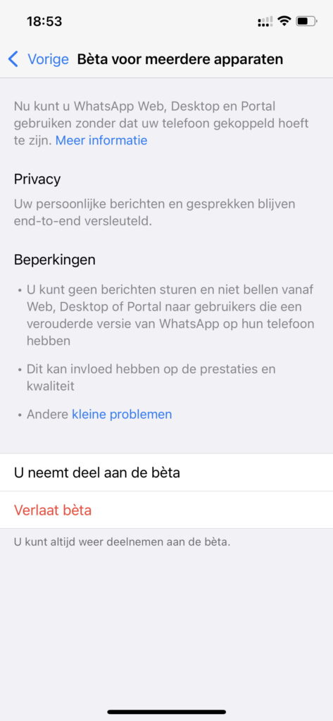 Screenshot deelnemen WhatsApp Multi-Device Beta gelukt