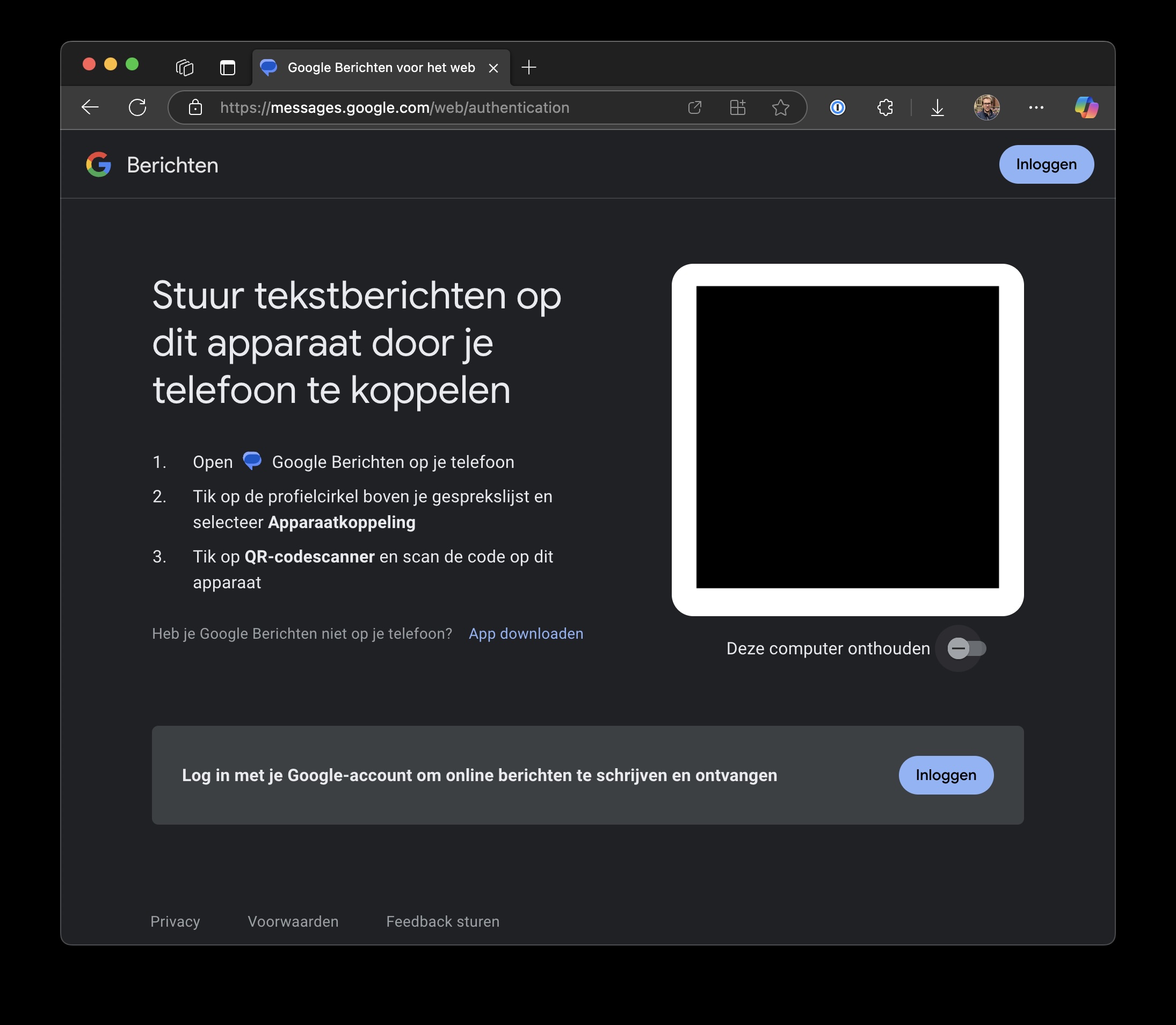 Screenshot van Google Berichten: koppelen met qr-code