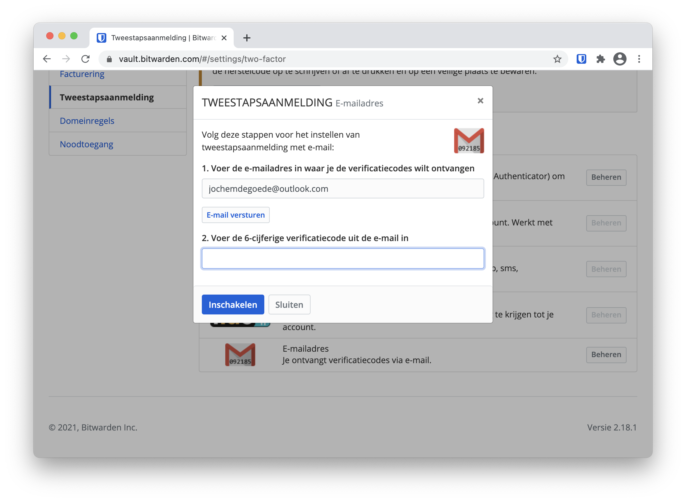Screenshot e-mail-2fa inschakelen Bitwarden