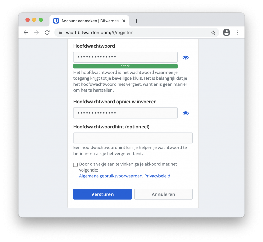 Account aanmaken op Bitwarden