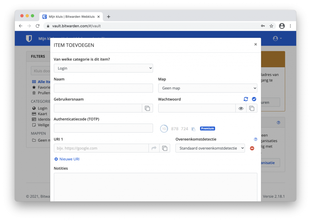 Screenshot account toevoegen Bitwarden