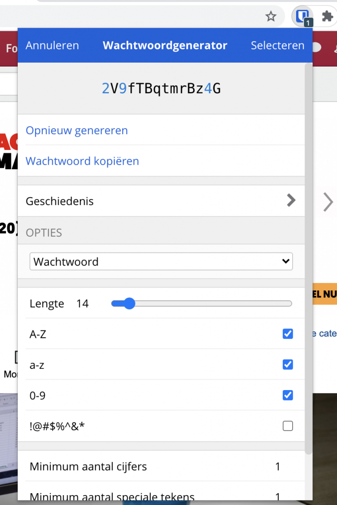 Screenshot van wachtwoord genereren in Bitwarden