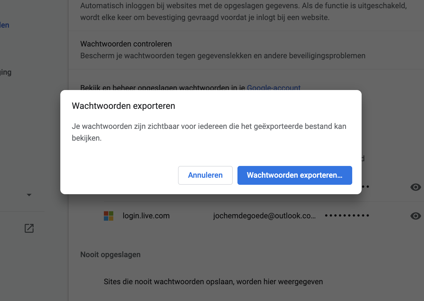 Screenshot Chrome wachtwoorden exporteren