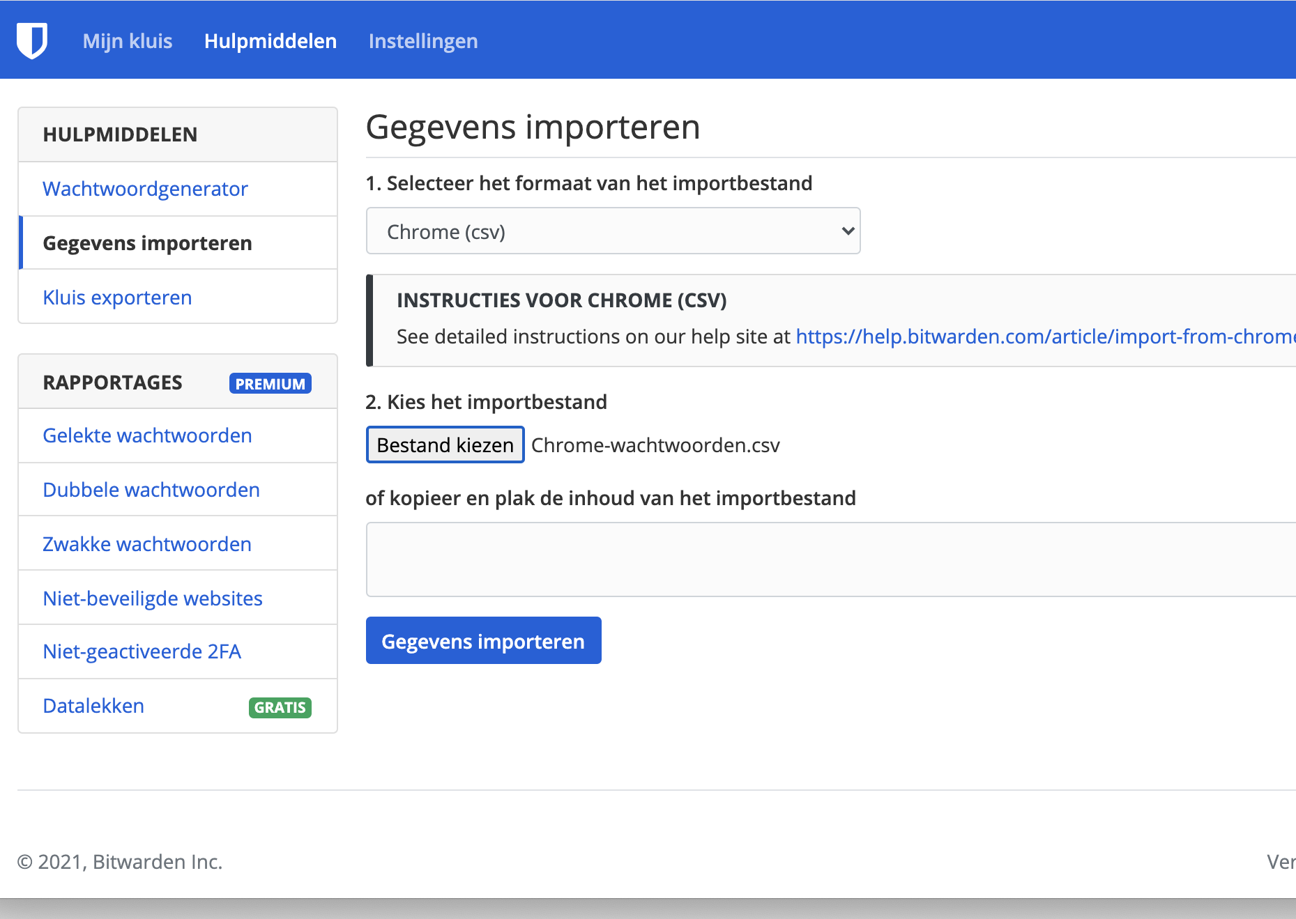 Screenshot wachtwoorden importeren Bitwarden