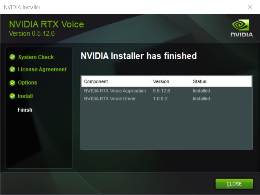 Screenshot installatie Nvidia RTX Voice