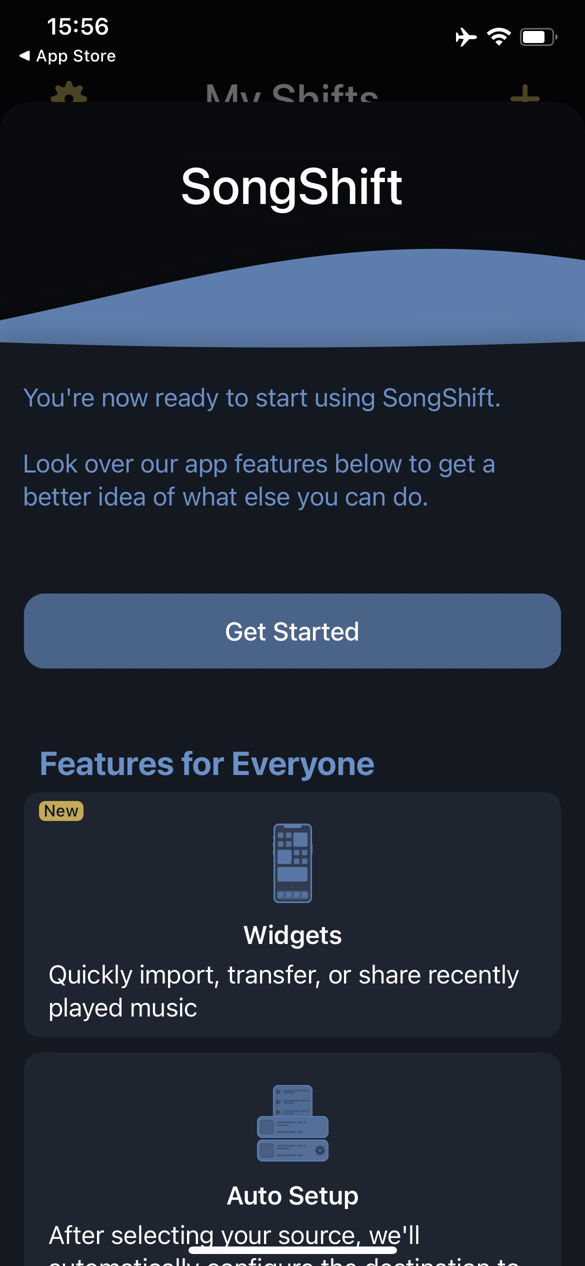 Screenshot SongShift: getting started-pagina