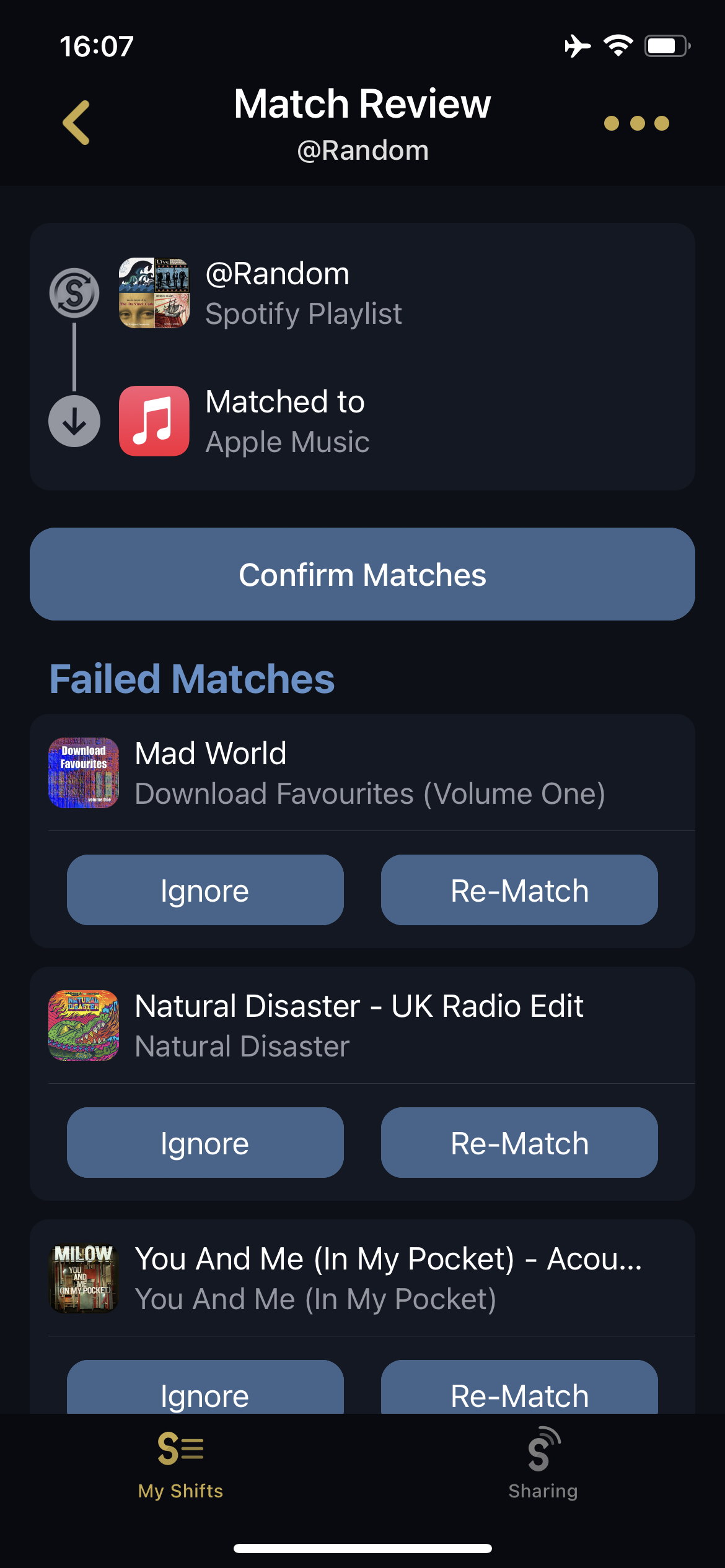 Screenshot SongShift matches van playlist bevestigen