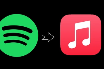 Spotify- en Apple Music-logo met pijl ertussen