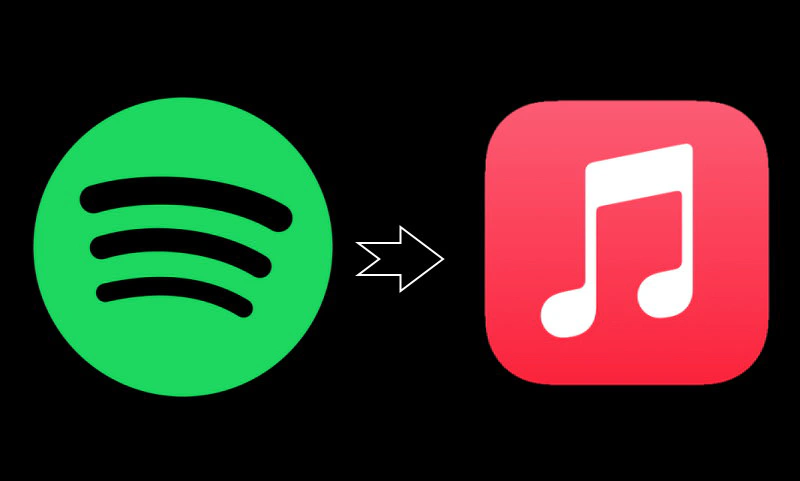 Spotify- en Apple Music-logo met pijl ertussen