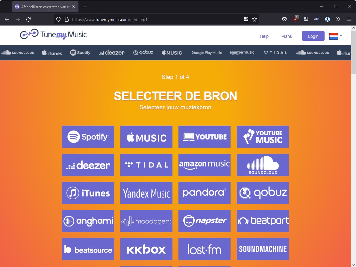 Screenshot startpagina TuneMyMusic in webbrowser